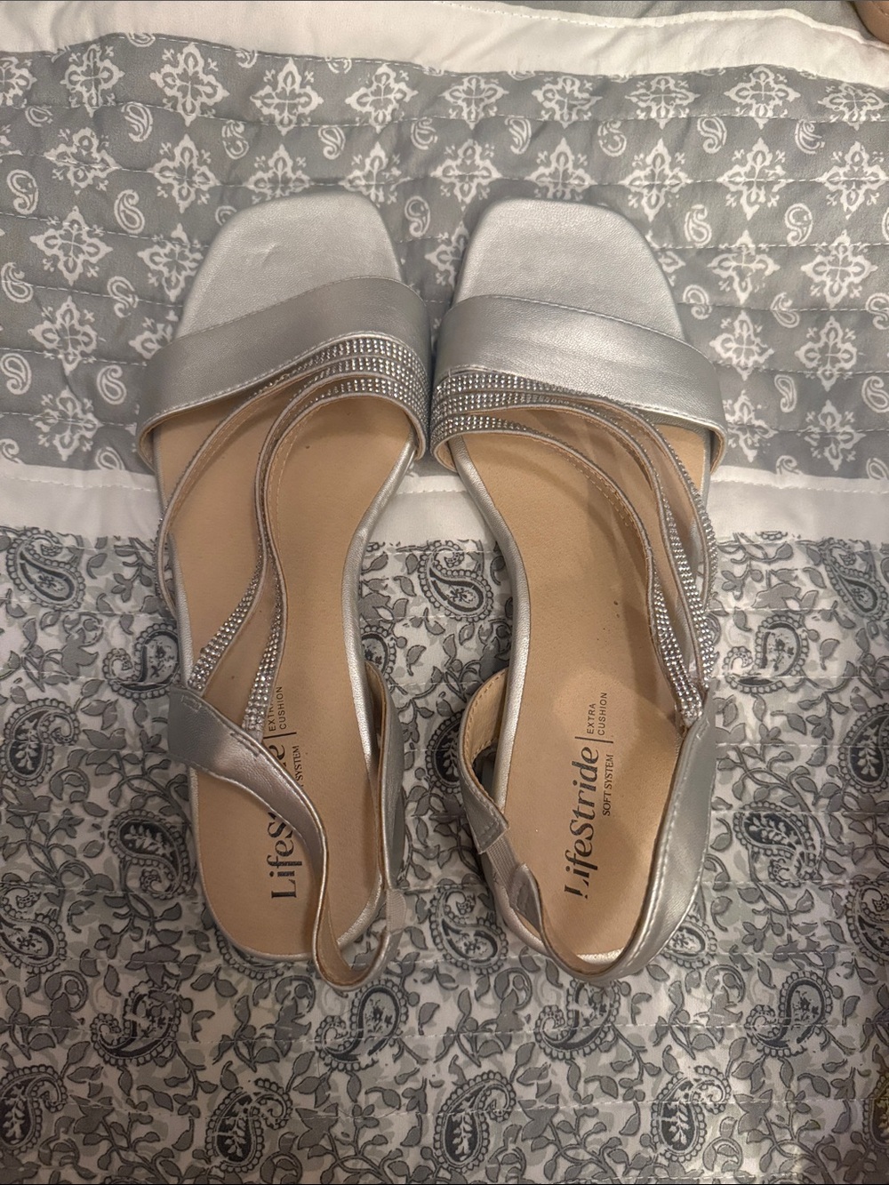 Life Stride Silver Metallic Slingback Sandals with Rhinestone Trim